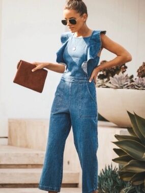 Sugarlips Blue Denim Ruffle-Shoulder Jumpsuit